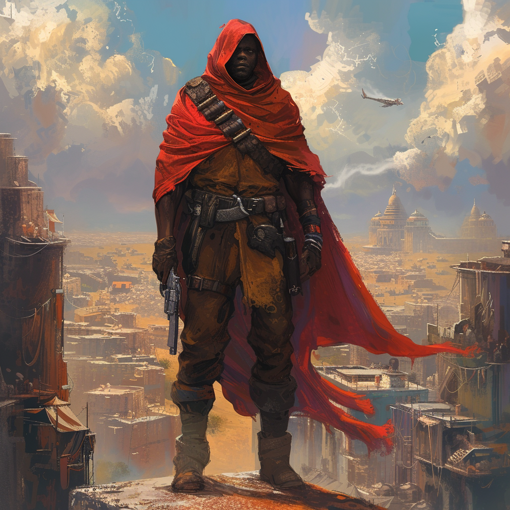 African gunslinger in poncho city landscape