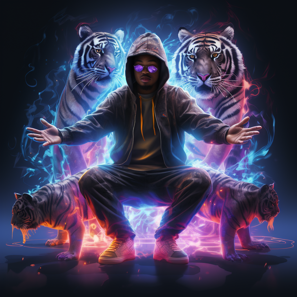 African man in hoodie with neon light streaks