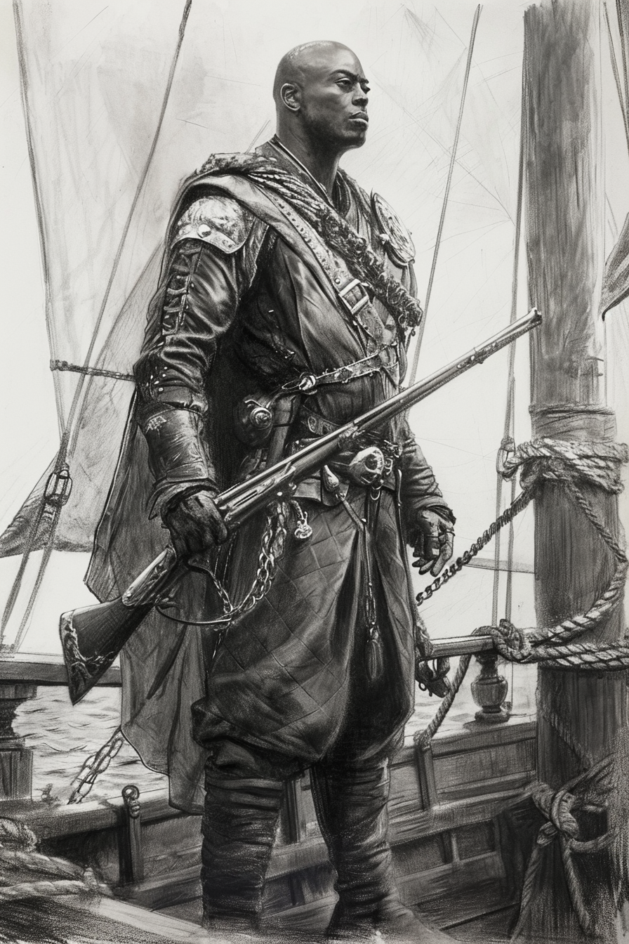 Hand-drawn charcoal sketch of a steampunk African man holding a musket on a ship