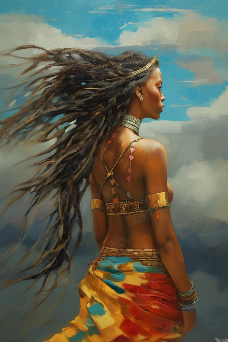 African woman with long, flying hair