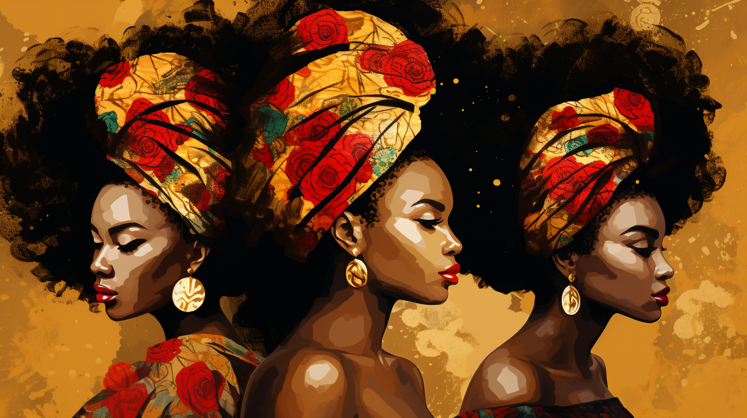 African women with flowered hair on gold background