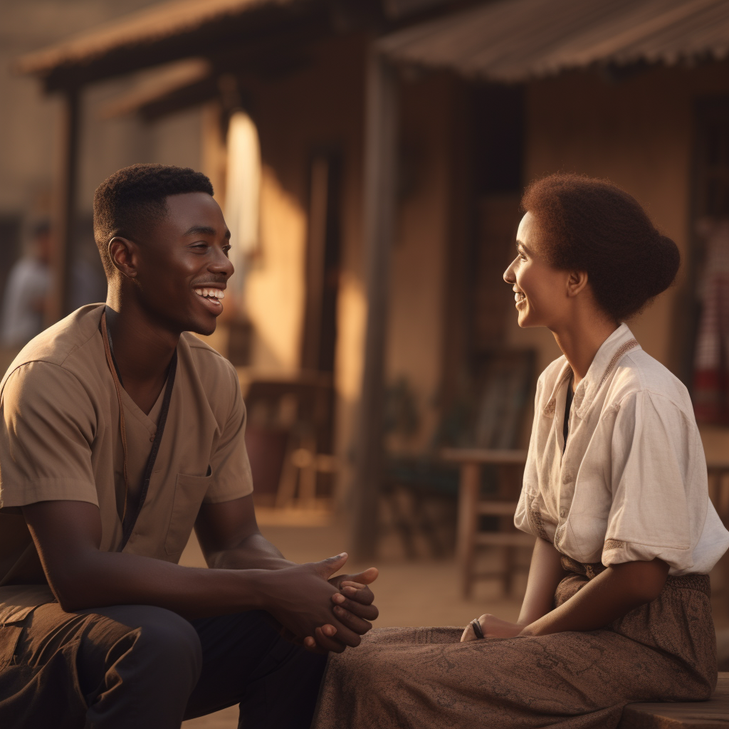 Black African young man talking with nurse in village