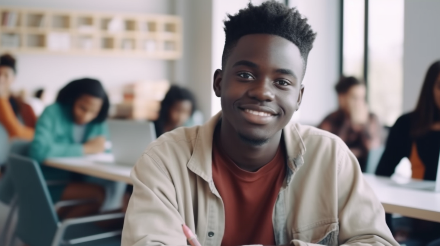 African young students in university library with laptop