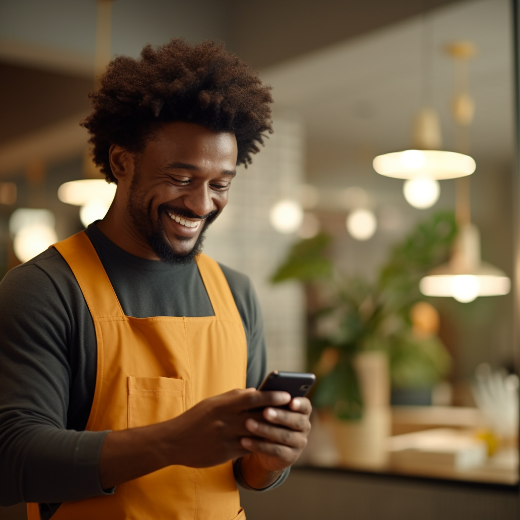 Afro-American male cleaner smiling with smartphone