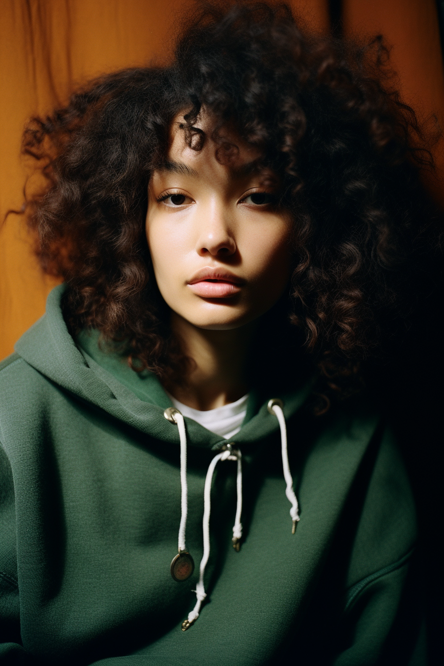 Woman in gray sweatshirt with afro-caribbean influence