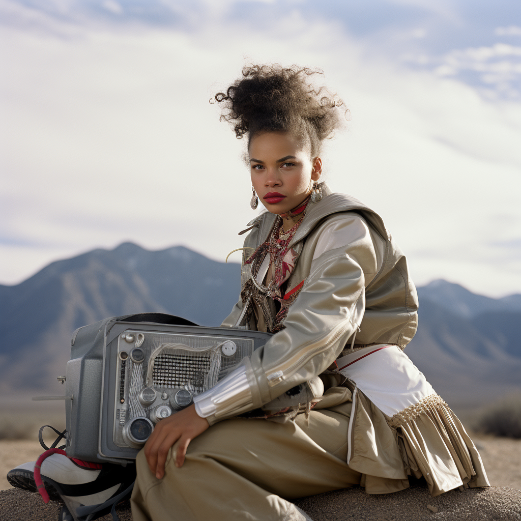 Stylish woman sitting with ghetto blaster in the background