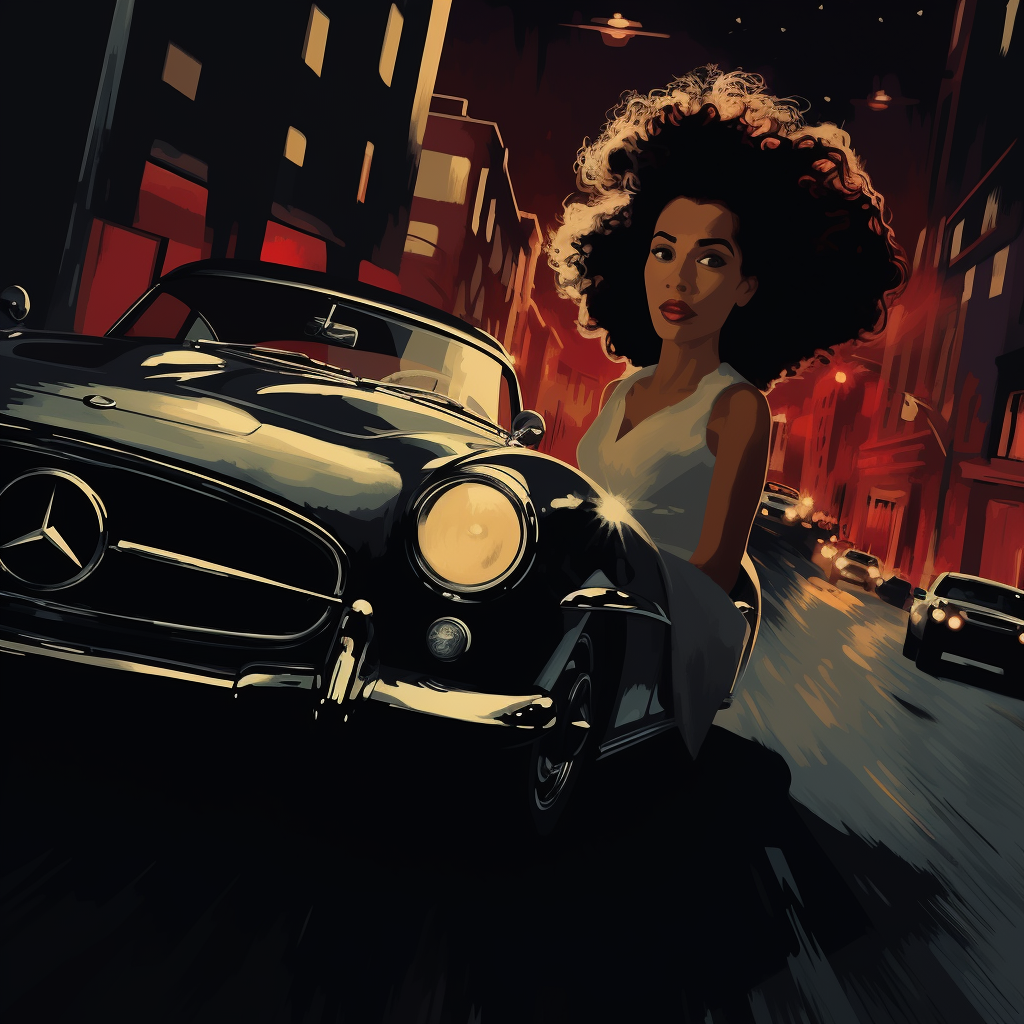 Afro-haired woman driving 300SL Gullwing car