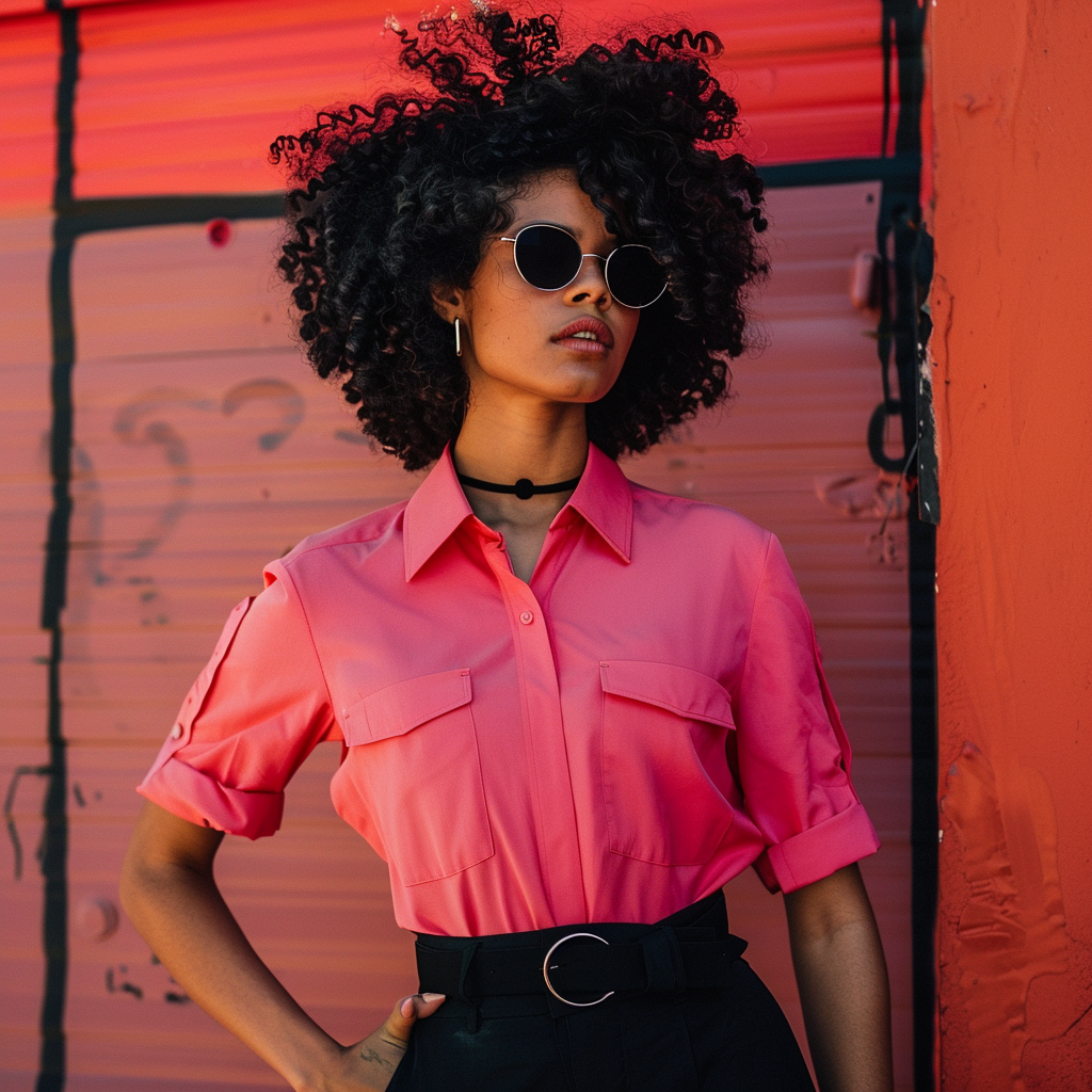 Afro-Latina Pink Shirt Black Trousers