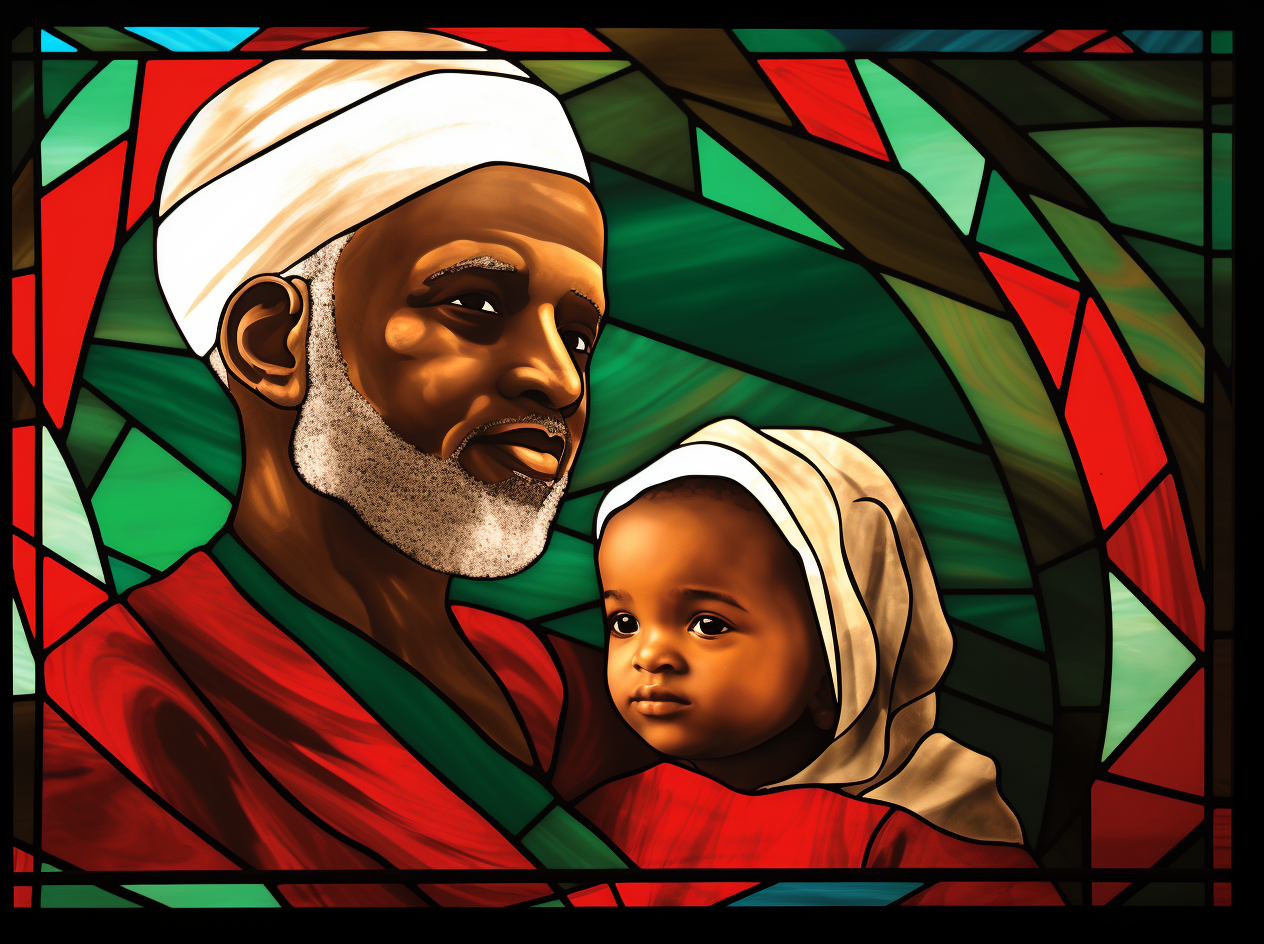 Realistic portrait of Afro Palestinian grandfather and child