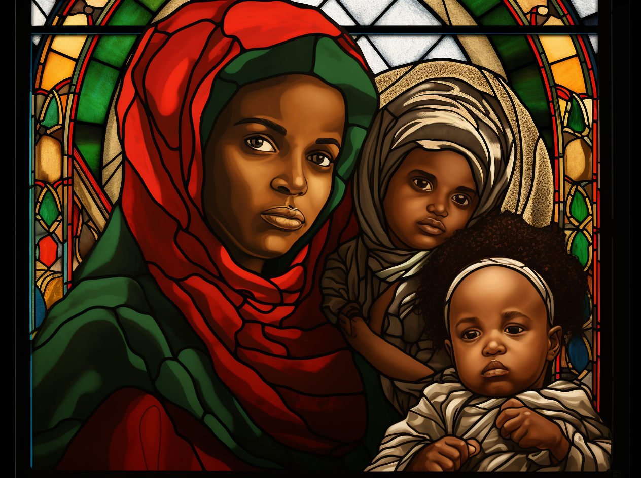 Realistic portrait of Afro Palestinian family in stained glass