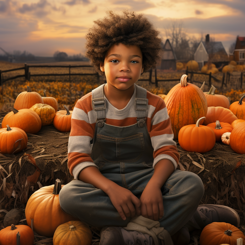 Afroamerican child enjoying pumpkin farm