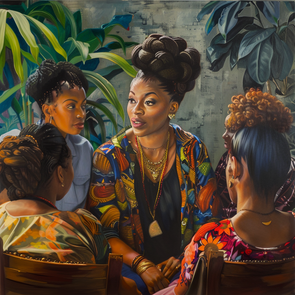 Afrocentric woman mentoring young females indoors