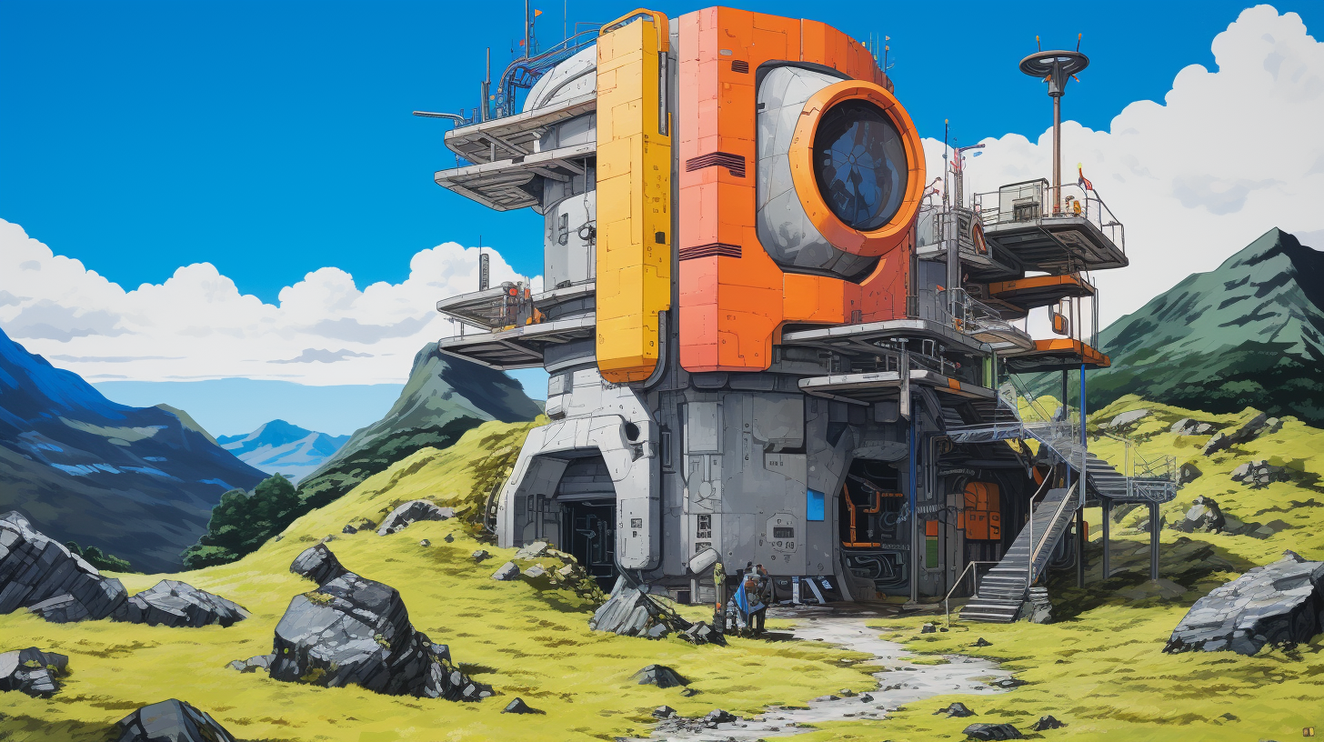 Afrofuturist exterior door research facility in mountains sketch