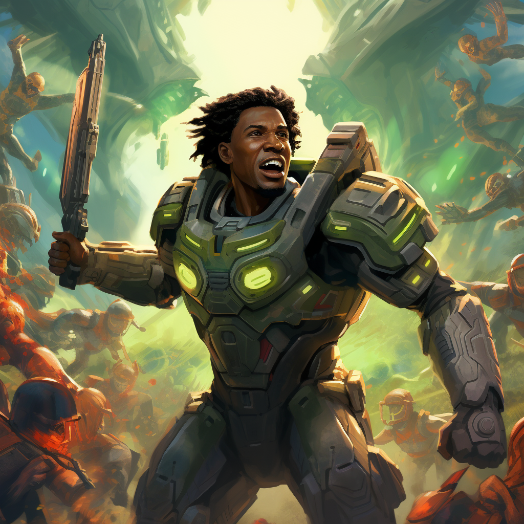 Afrofuturist Master Chief shielding against coloniser aliens