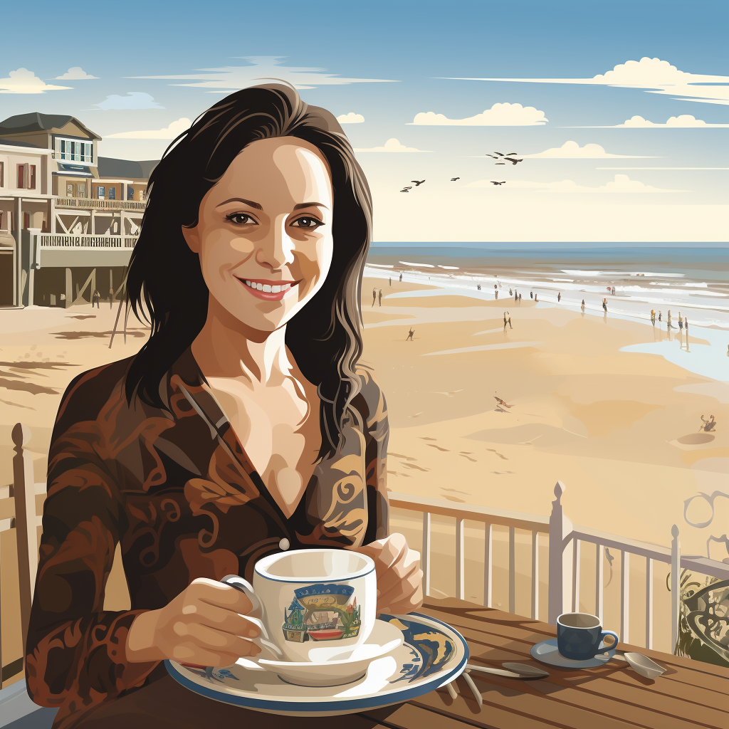 Smiling woman holding a cup and saucer at the beach