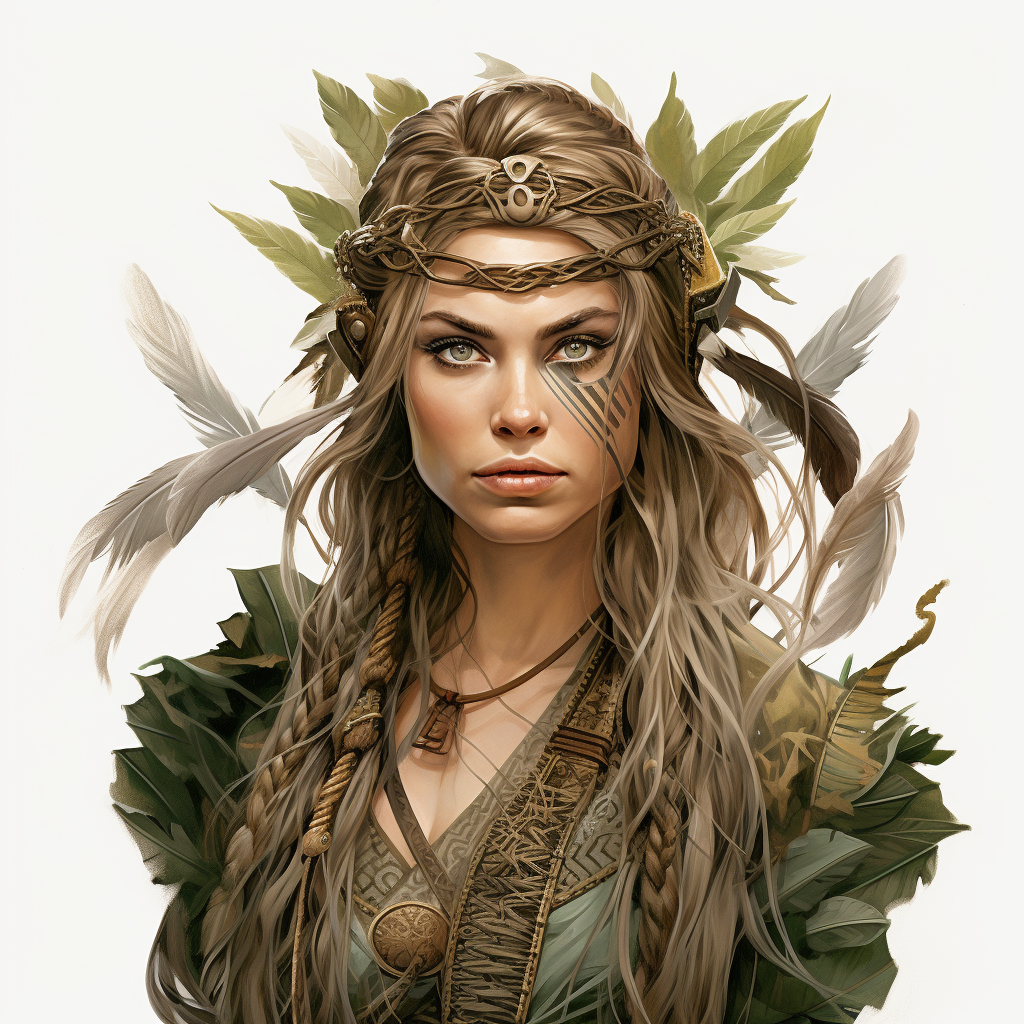 Beautiful ageless wood elf ranger with braided hair and feathers.