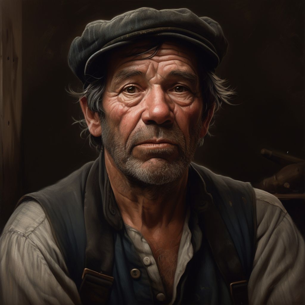 Detailed face of a 45-year-old worker in 19th century