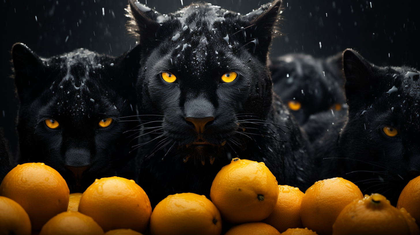 Aggressive Black Panthers in Oranges Fruit Storm