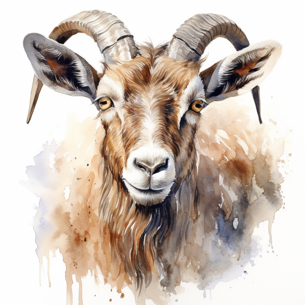 Aggressive and imposing goat in watercolour