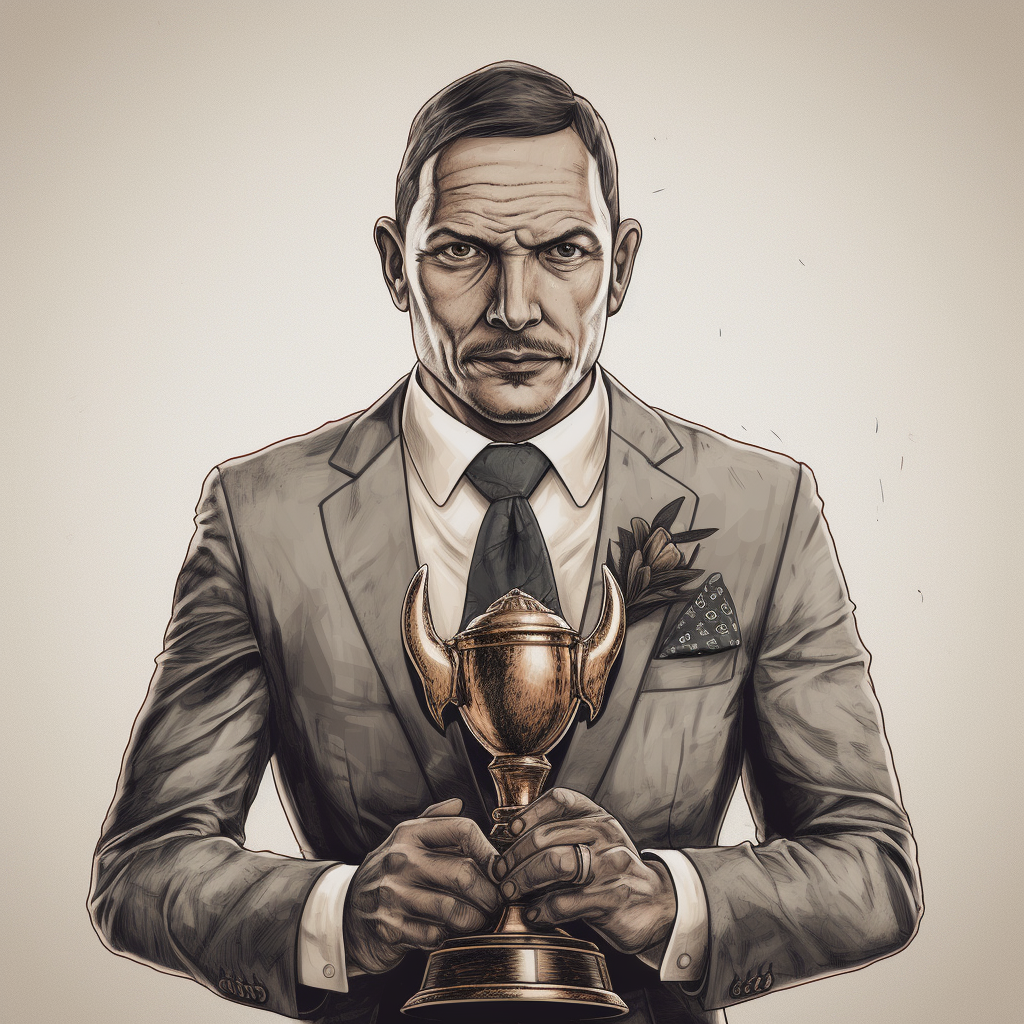 Aggressive shark holding a trophy in a suit