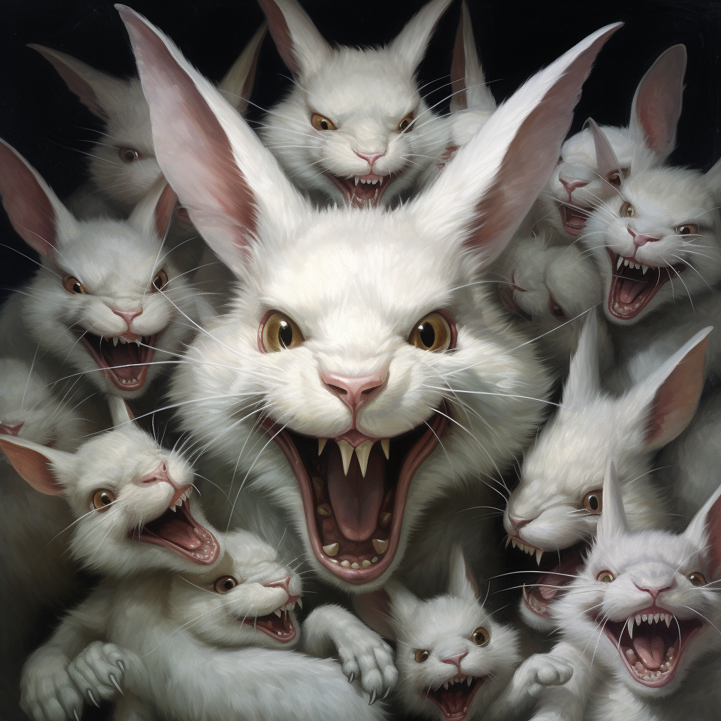 Aggressive white rabbit surrounded by cute bunnies