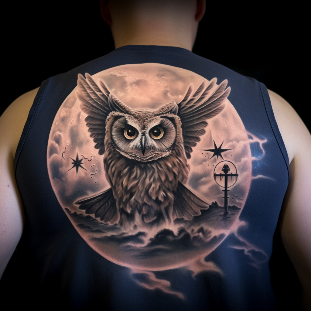 Realistic owl flying aggressively under full moon