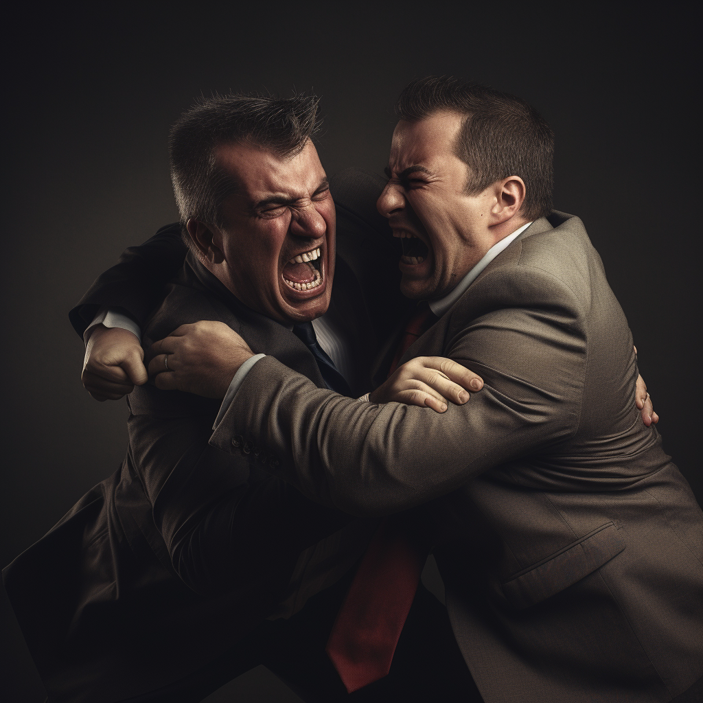 Two men aggressively grabbing each other