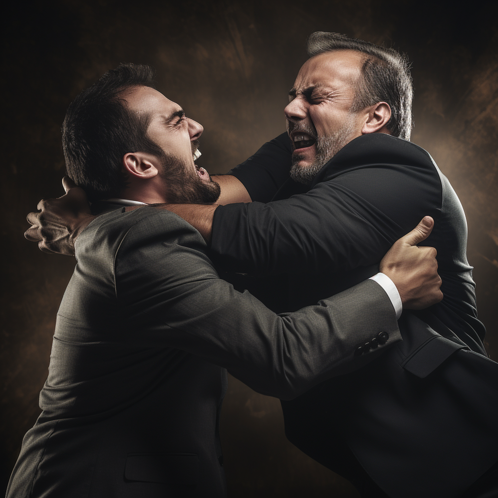 Two men aggressively grabbing hold