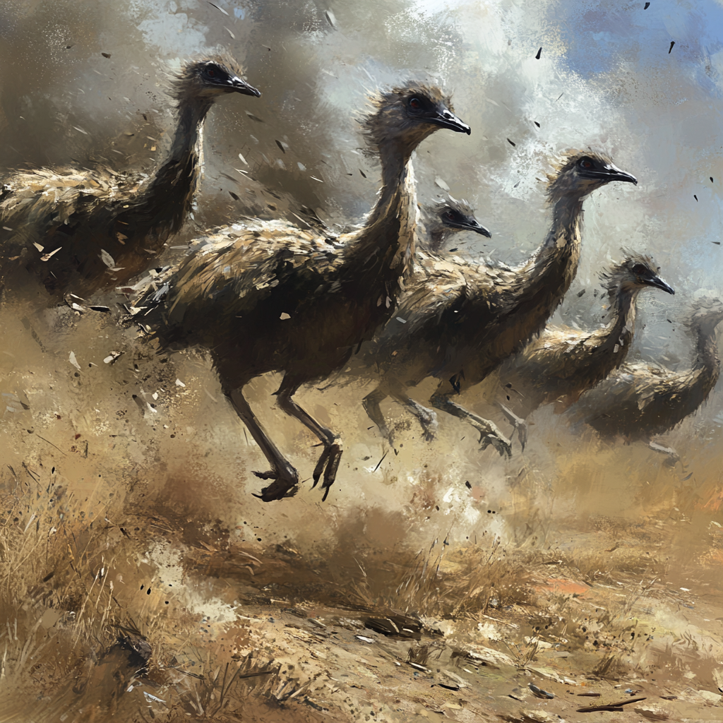 Emus dodging gunfire in field