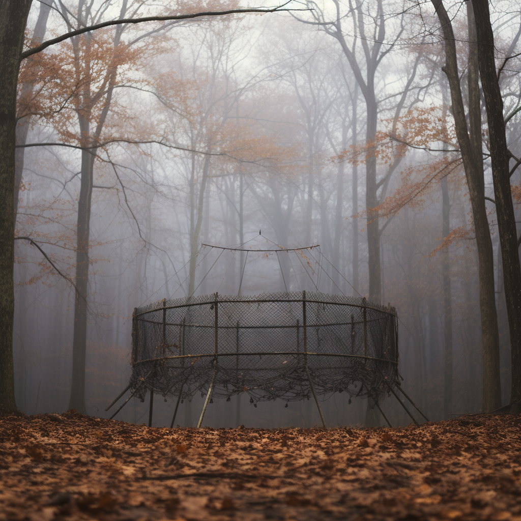 Wrestling ring in woods with barbed wire, fog, leaves