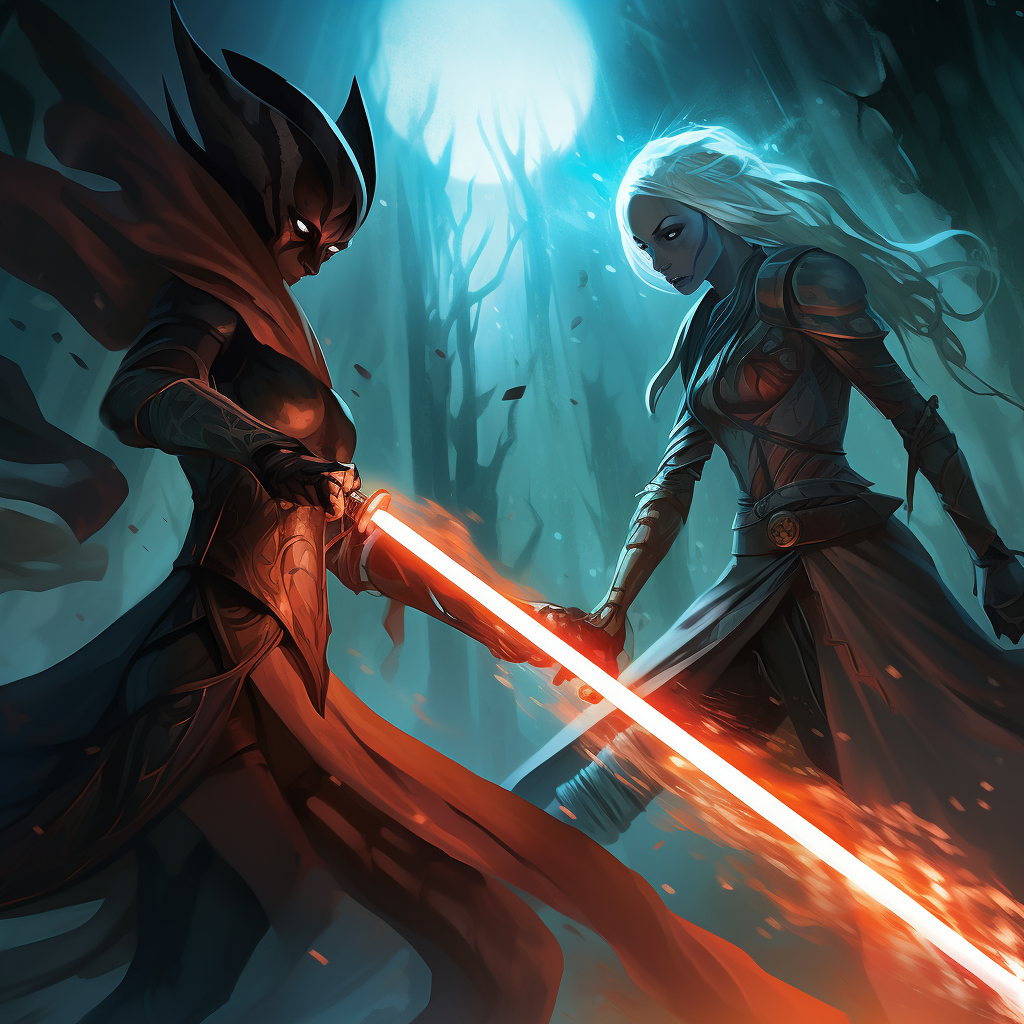 Ahsoka fighting Night Sister with lightsaber