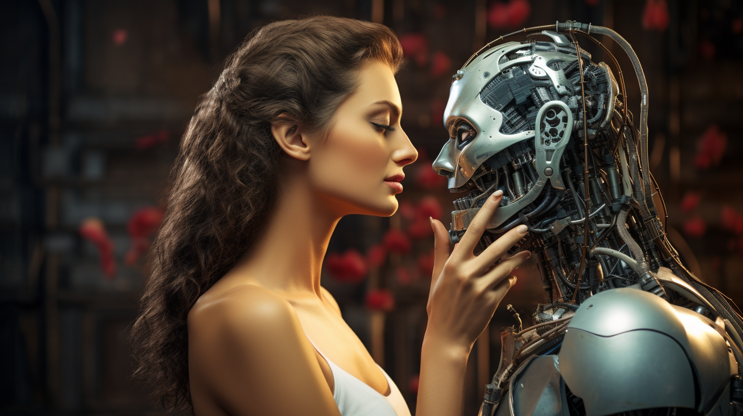 Realistic AI android destroying human with a kiss