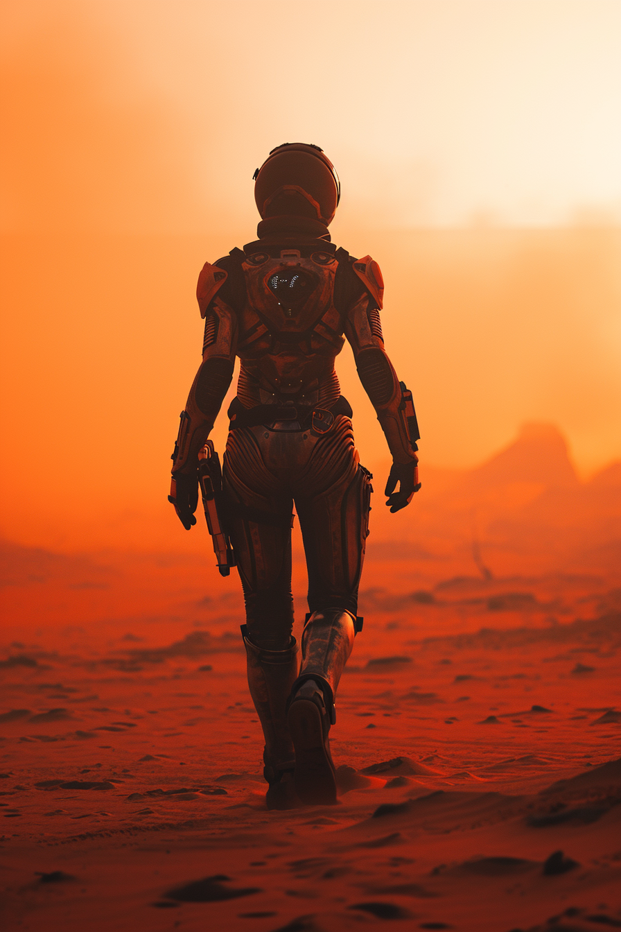 AI princess in futuristic suit on orange sand