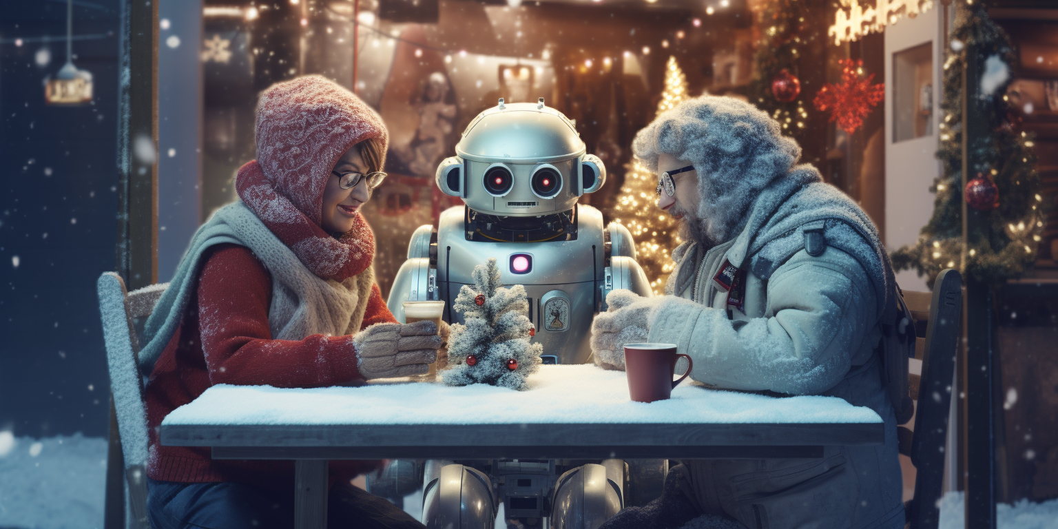 AI robot and developers in holiday campaign ad