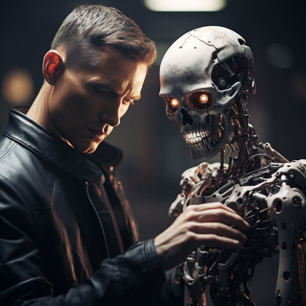 AI robot holding human skull  image