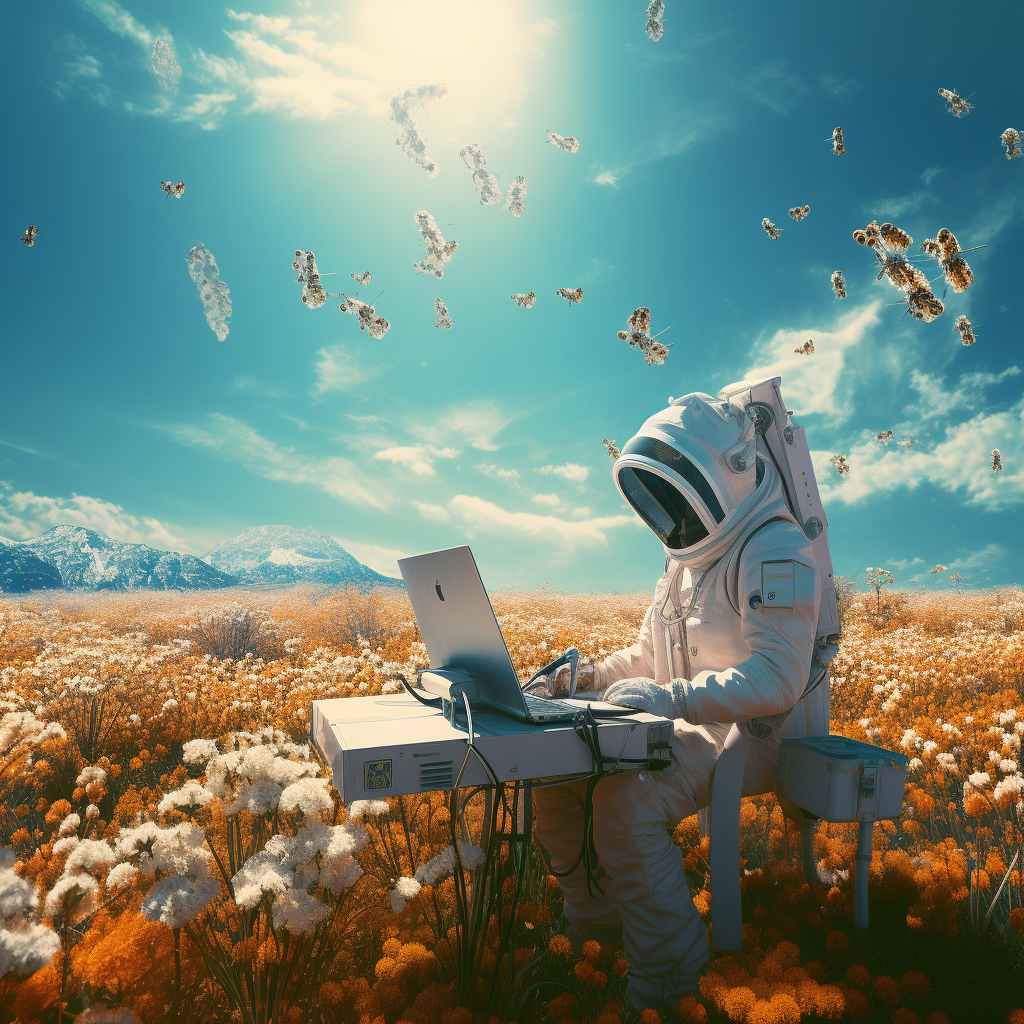 AI beekeeper working in flower field