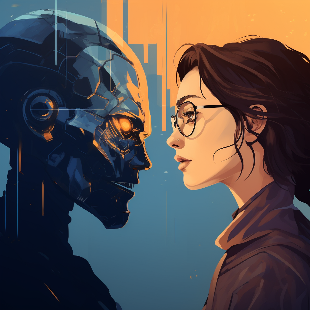 Illustration of an AI robot and a middle aged woman staring