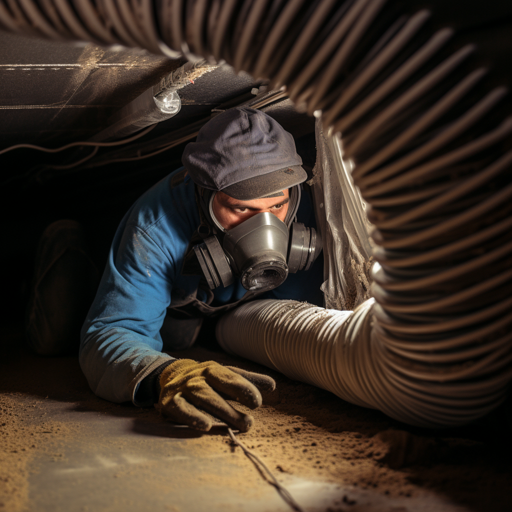 Professional worker cleaning air duct