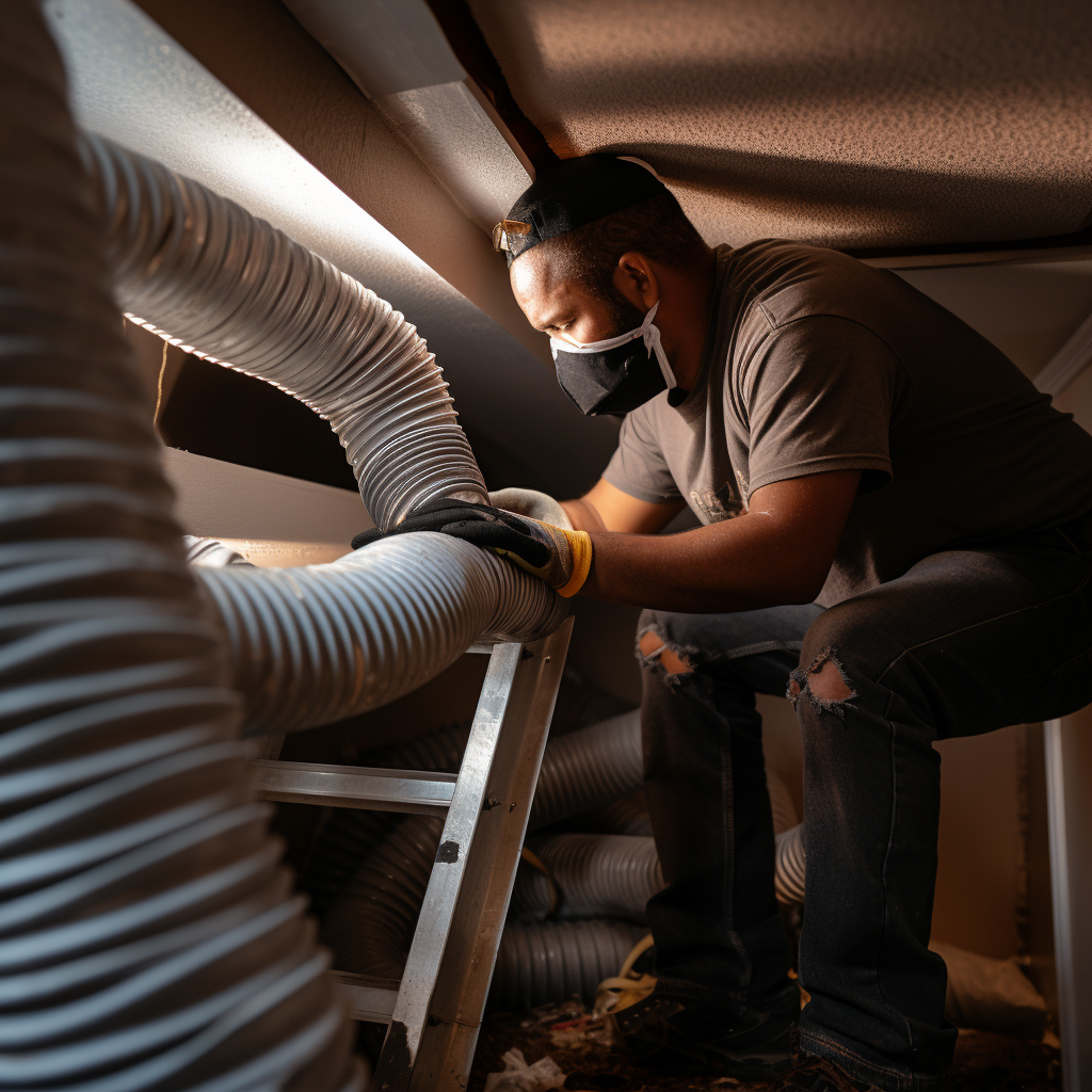 Professional worker cleaning air duct