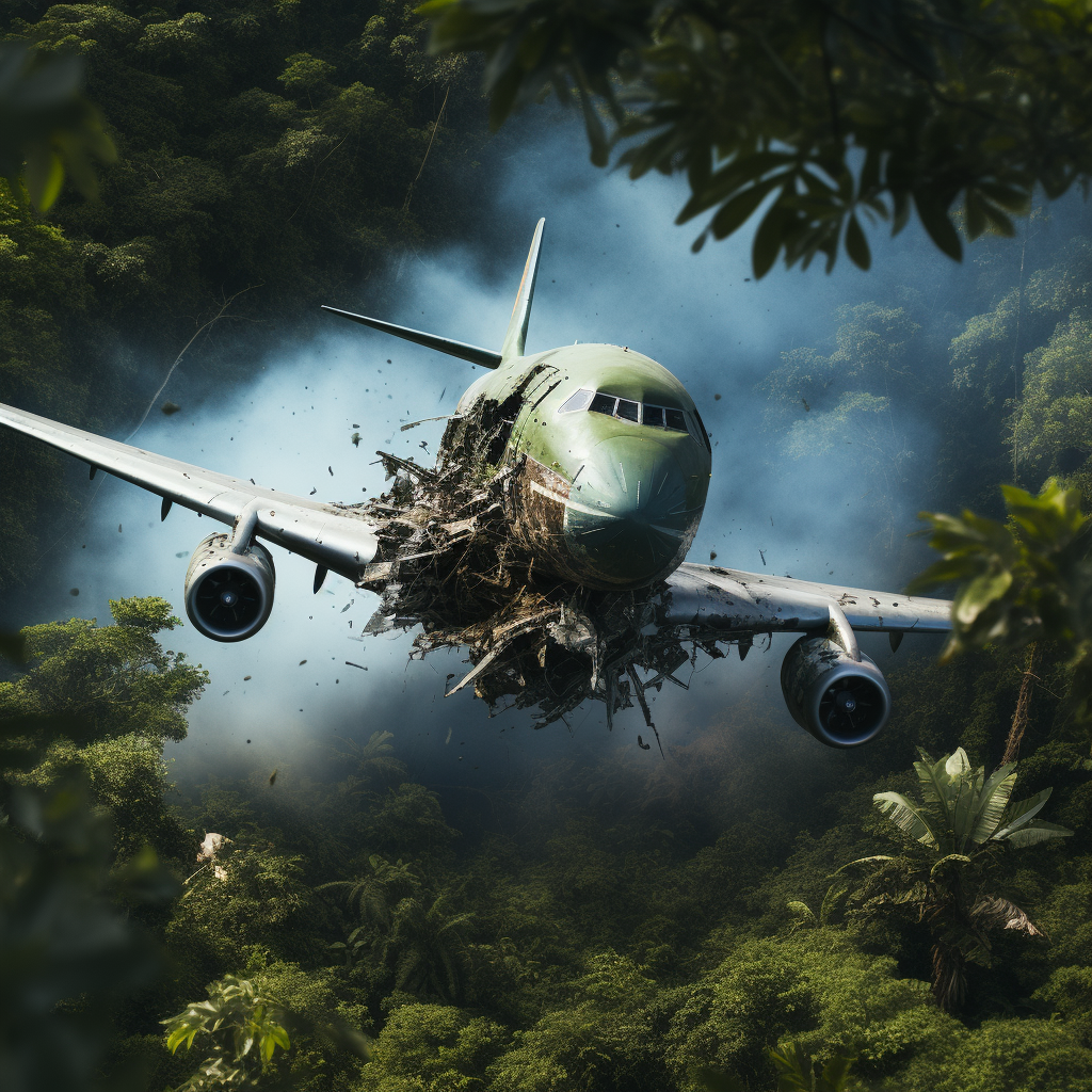 Crashed airplane in dense jungle