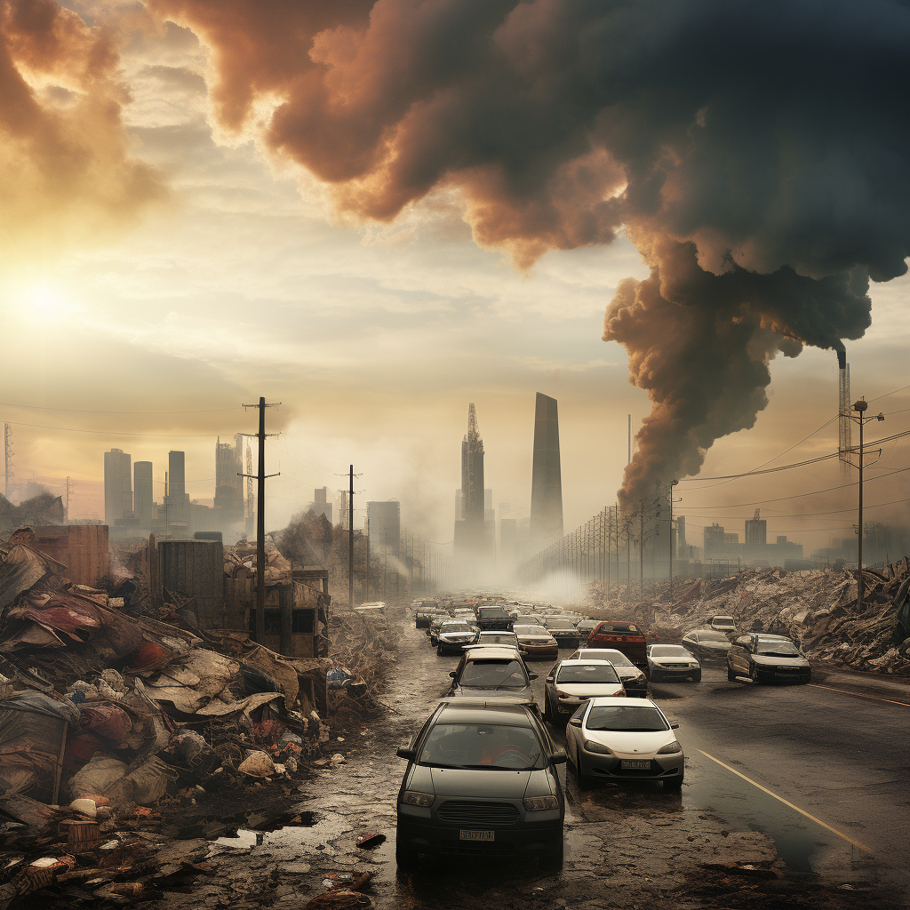 Photorealistic image showing air pollution in a city