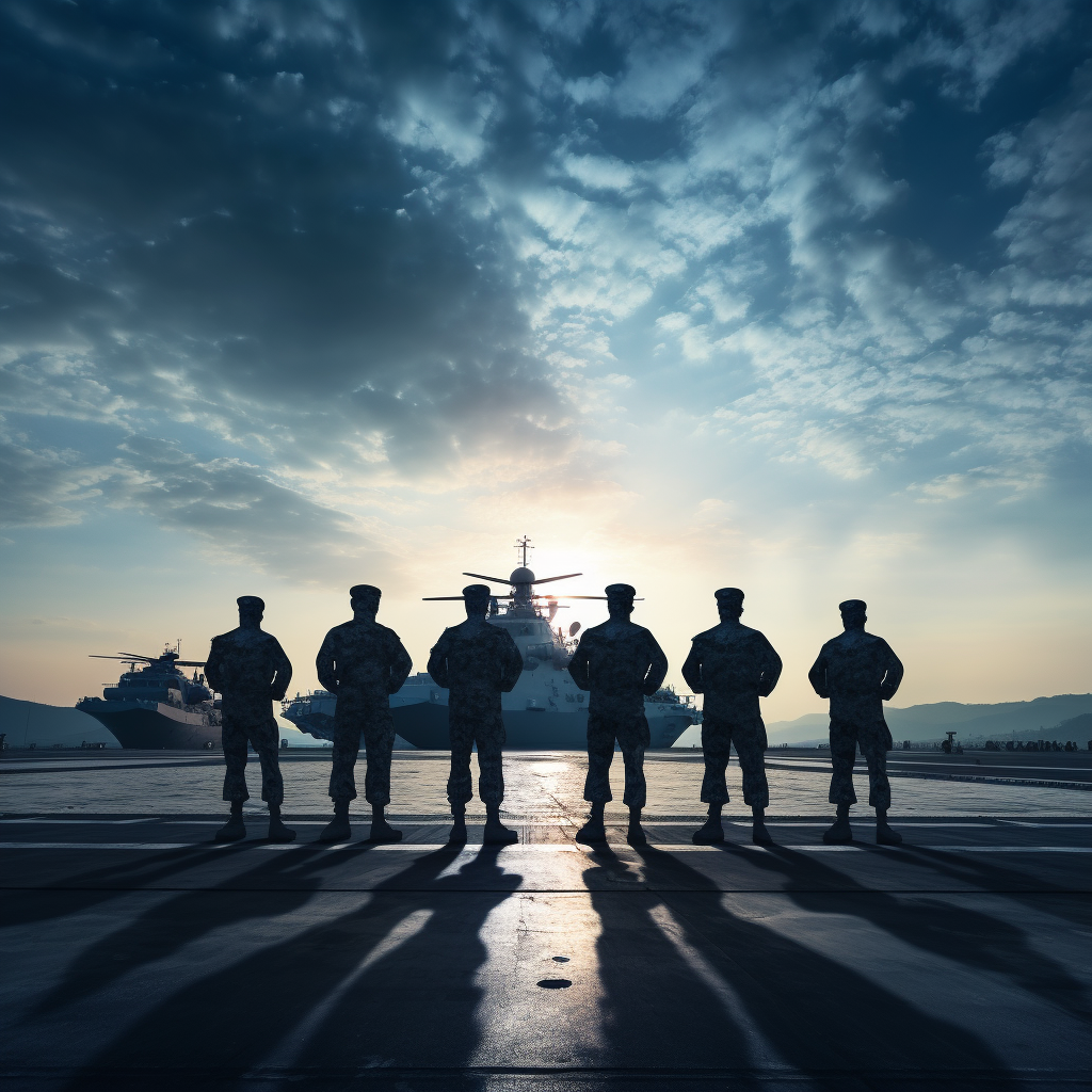 Soldiers in Formation on Aircraft Carrier Battleship