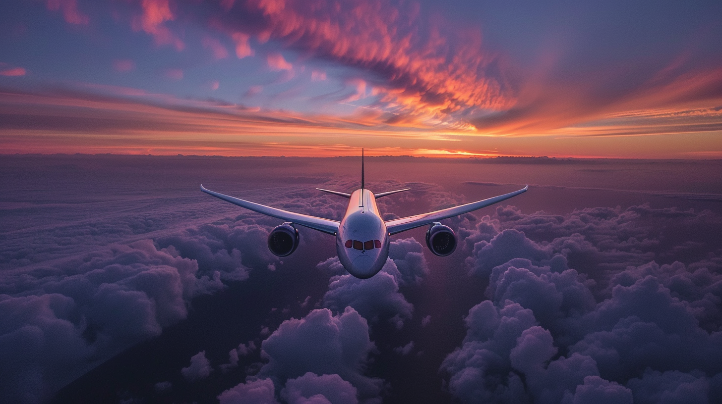 Airplane flying evening sky