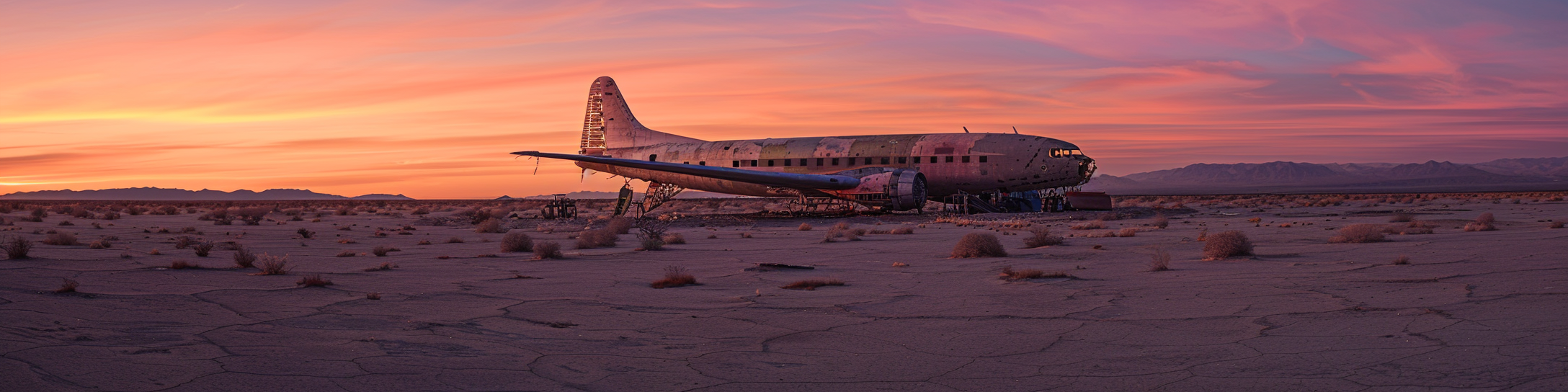 Airplane graveyard in California desert at sunset