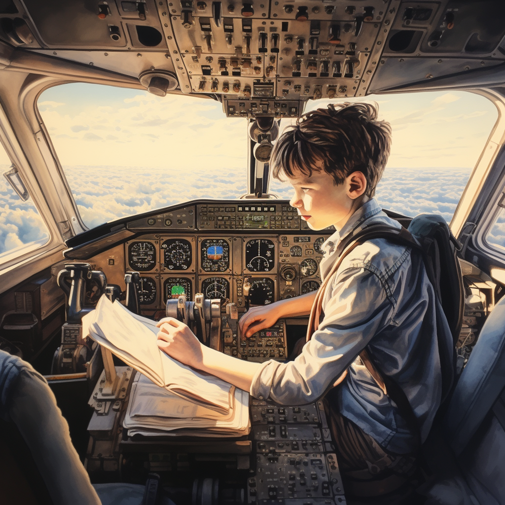 Boy drawing in airplane