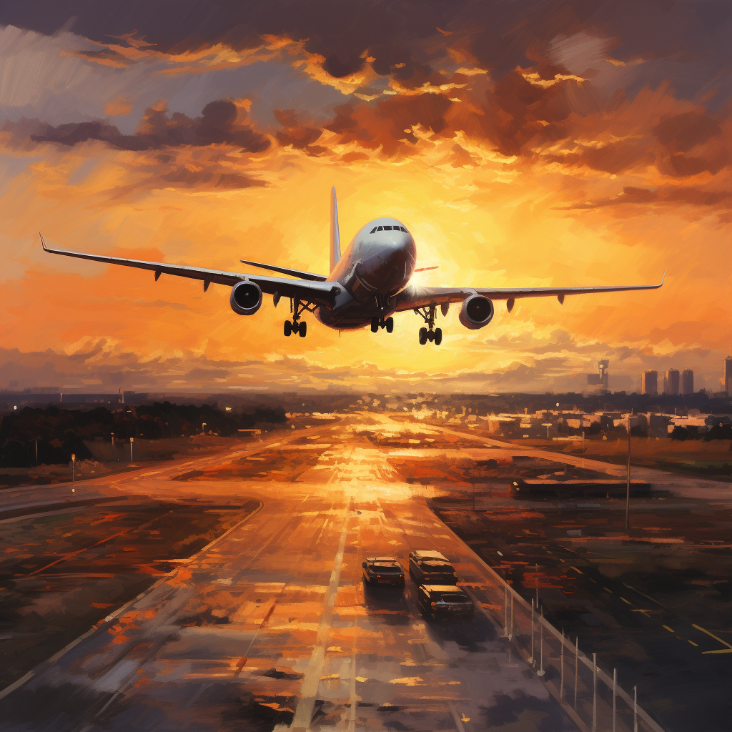 Airplane flying over a sunset in an oil painted style