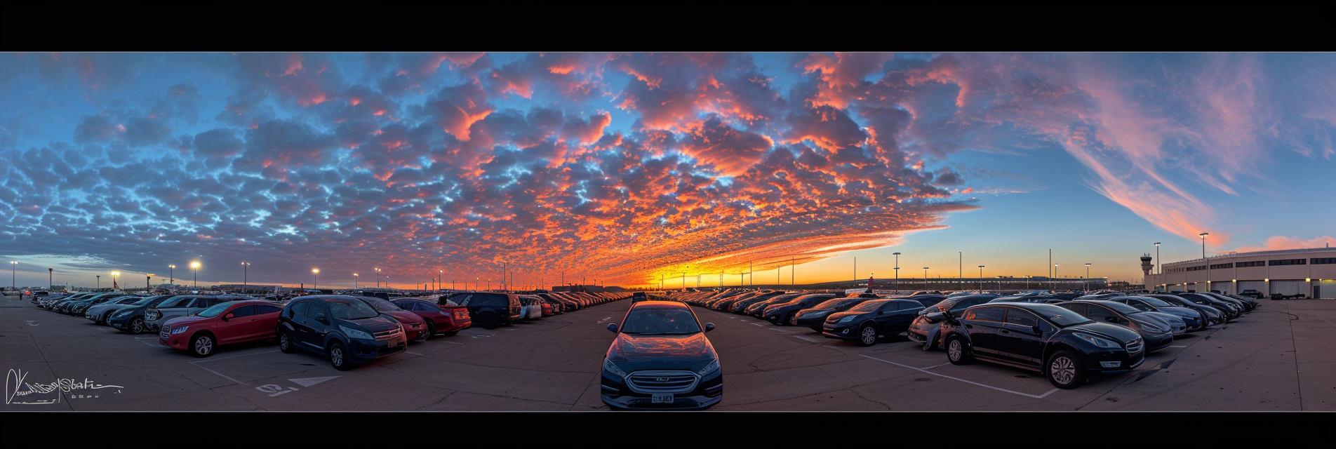 sunset view of airport parking lot