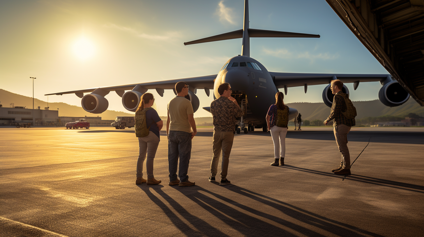 Group near open C17 Globemaster cargo door