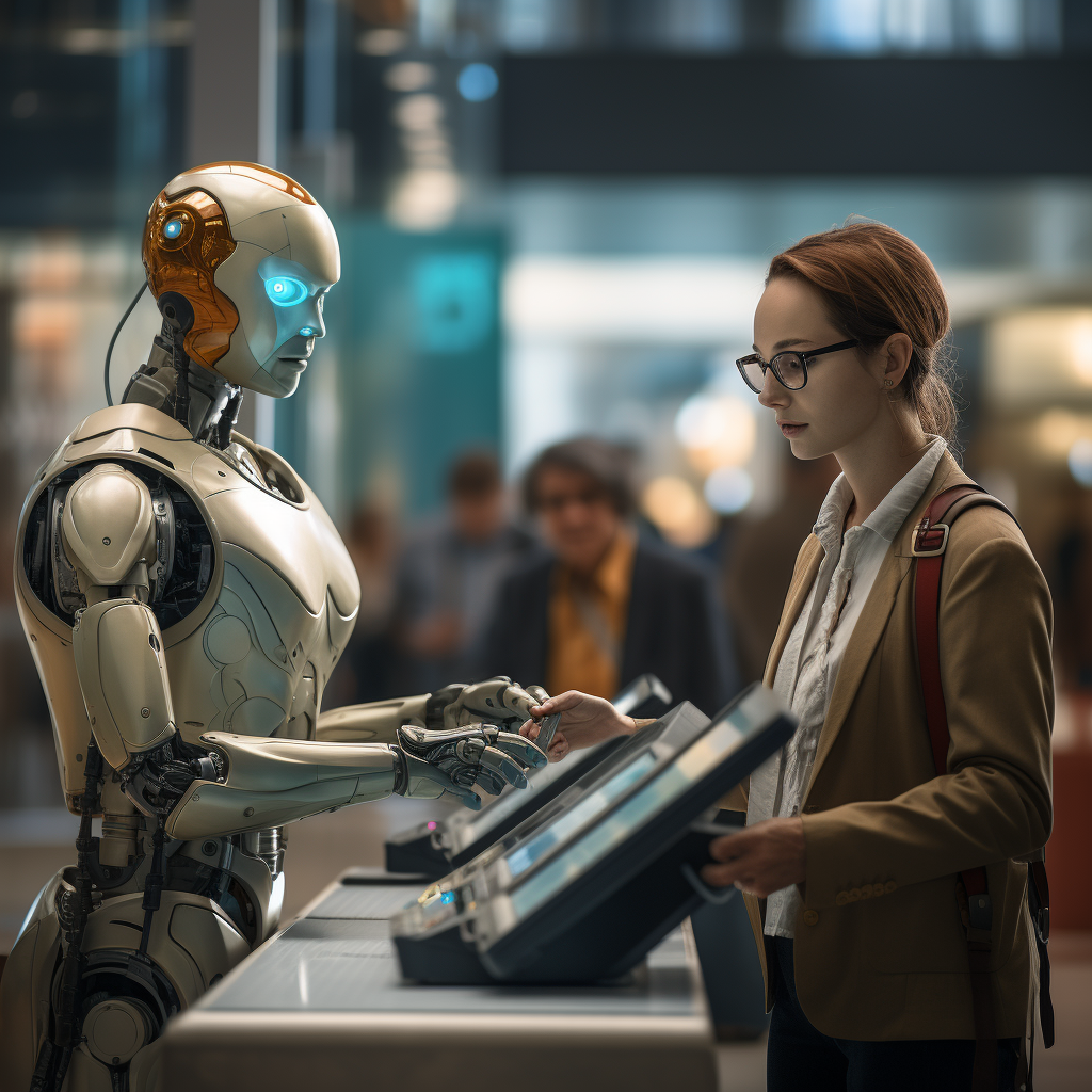 Female robot ticket girl at airport check-in