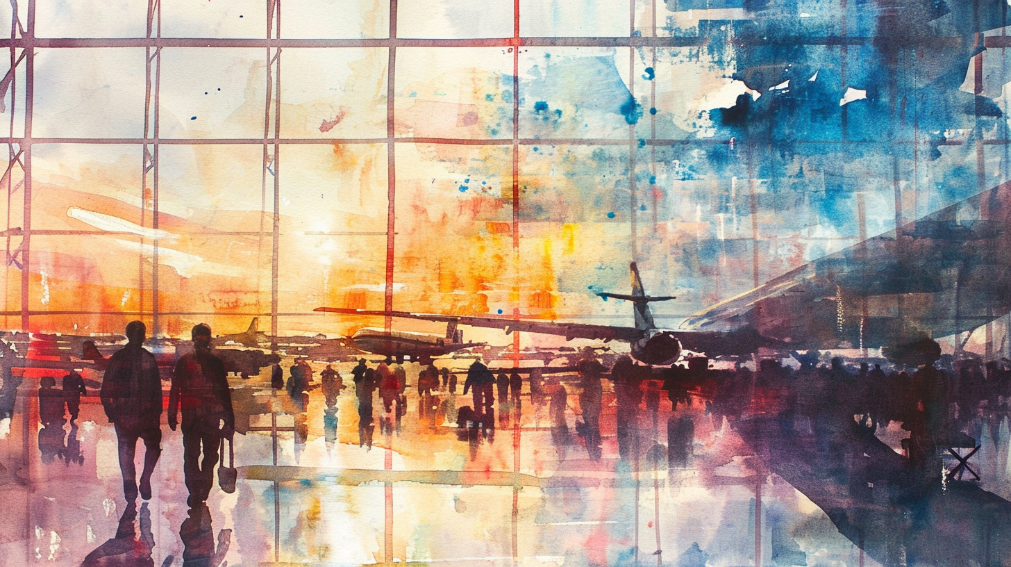 Abstract Light Watercolor Painting Airport Jets Runway Crowds People View